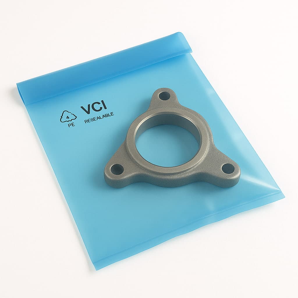 Bolsa amarilla VCI de PREMCO con metales abajo de ella en un ambiente industrial