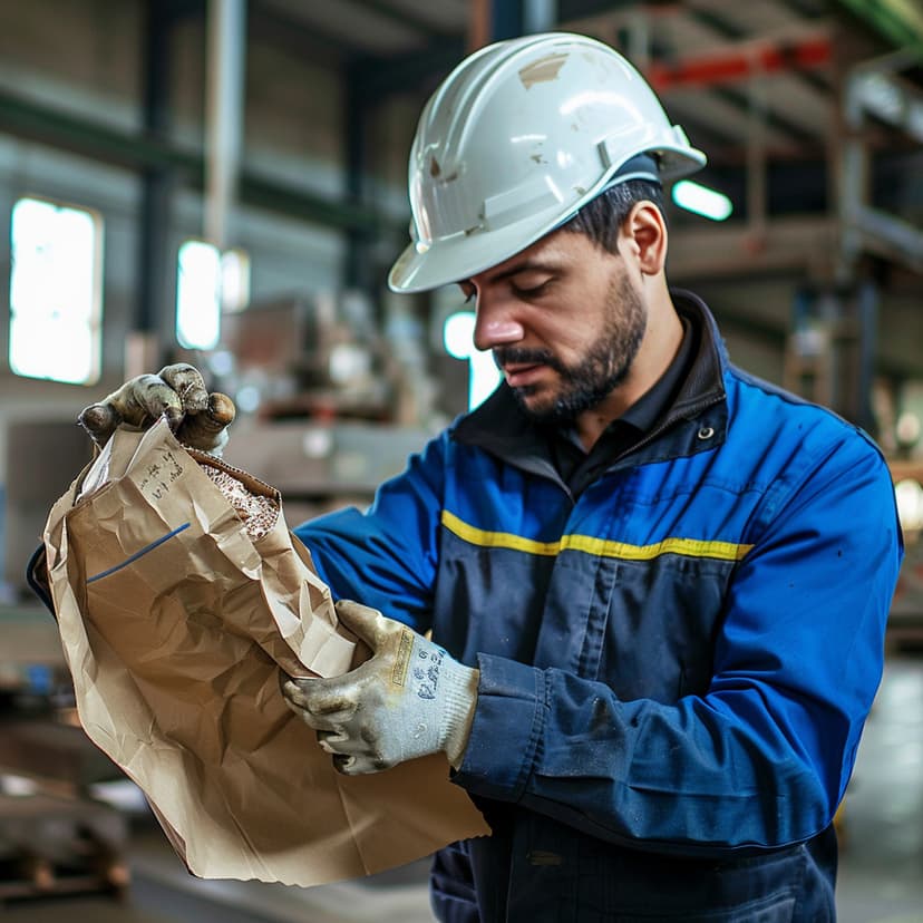 Trabajador de una industria recibiendo un paquete de objetos de metal envueltos en papel VCI kraft