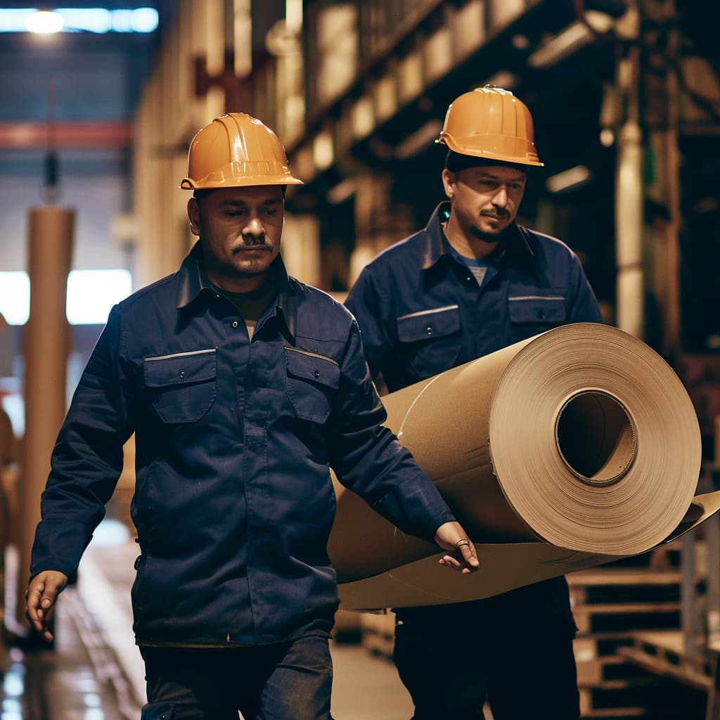 Dos hombres cargando un rollo de papel VCI kraft adentro de una industria