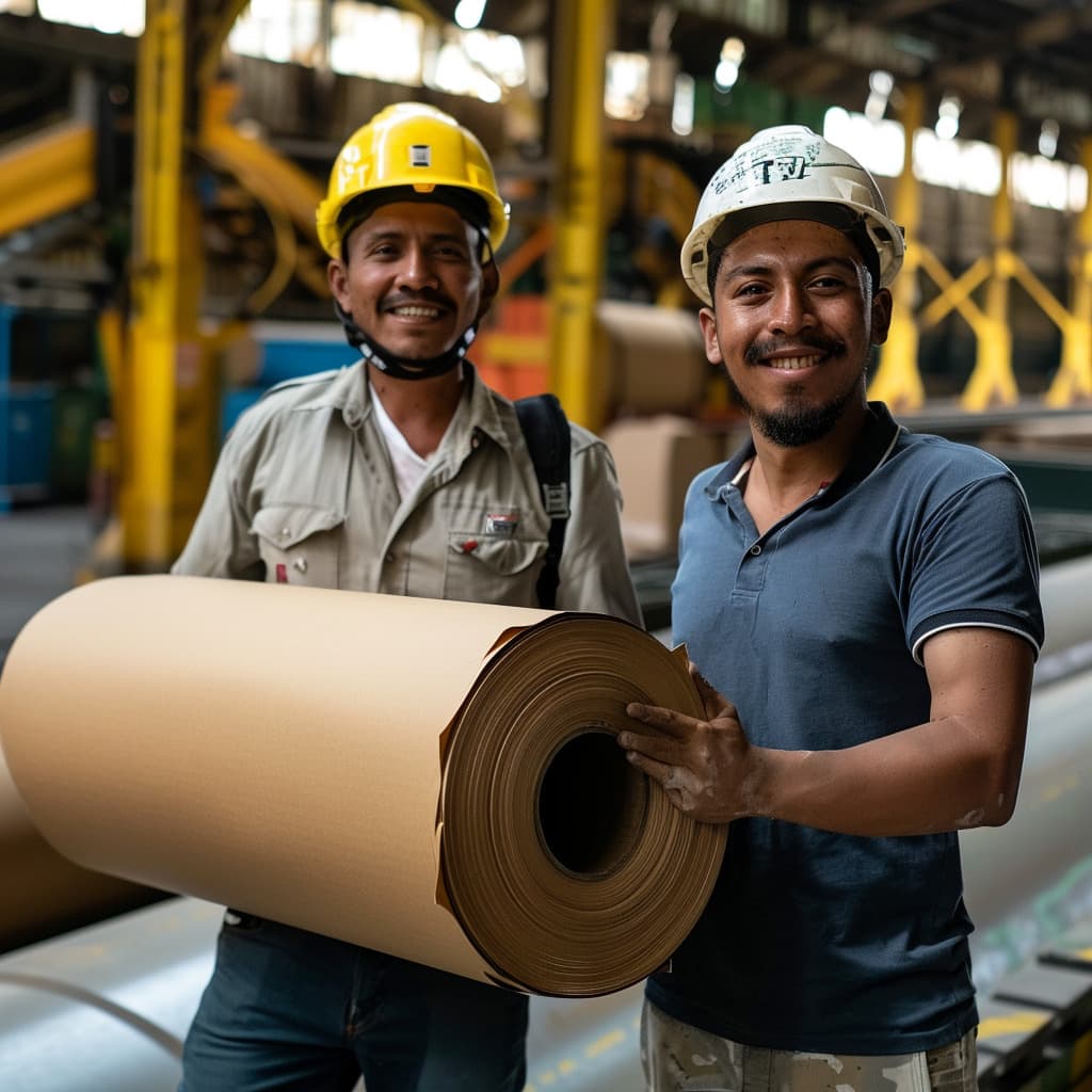 Dos trabajadores trasnportando un rollo de papel VCI Kraft adentro de una industria