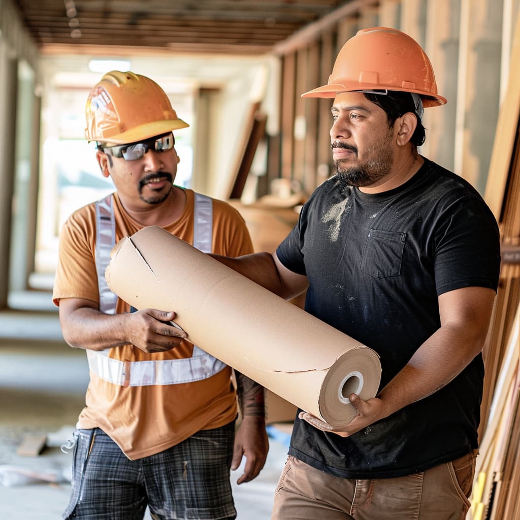 Trabajador mostrando el papel VCI Kraft en una construccion