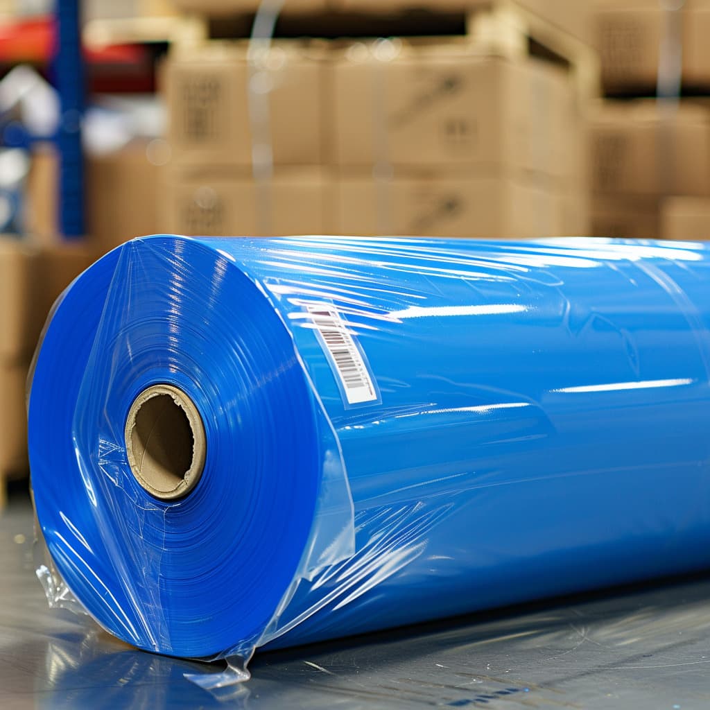 Rollo de pelicula estirable VCI azul de PREMCO en un almacén