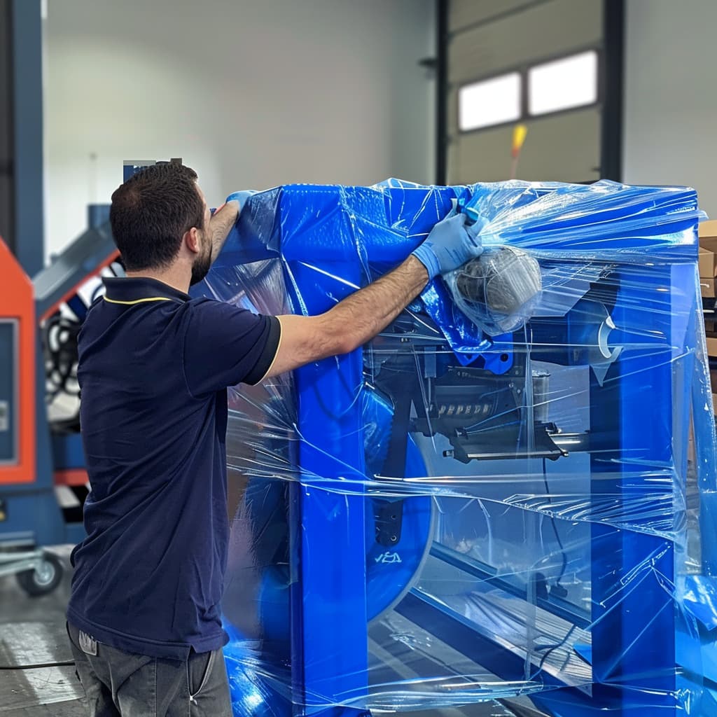 Trabajador terminando de cubrir una maquinaria de metal con pelicula estirable VCI de PREMCO azul