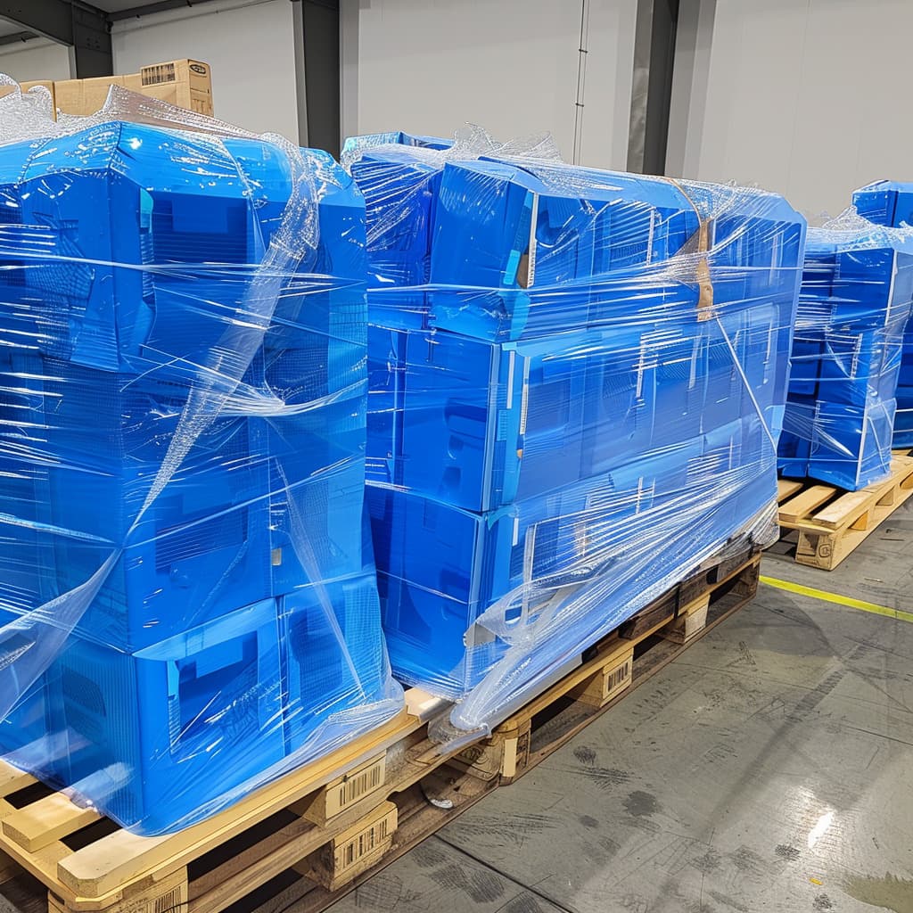 Almacén de pallets de inventario de metal recubierto con pelicula VCI estirable de PREMCO