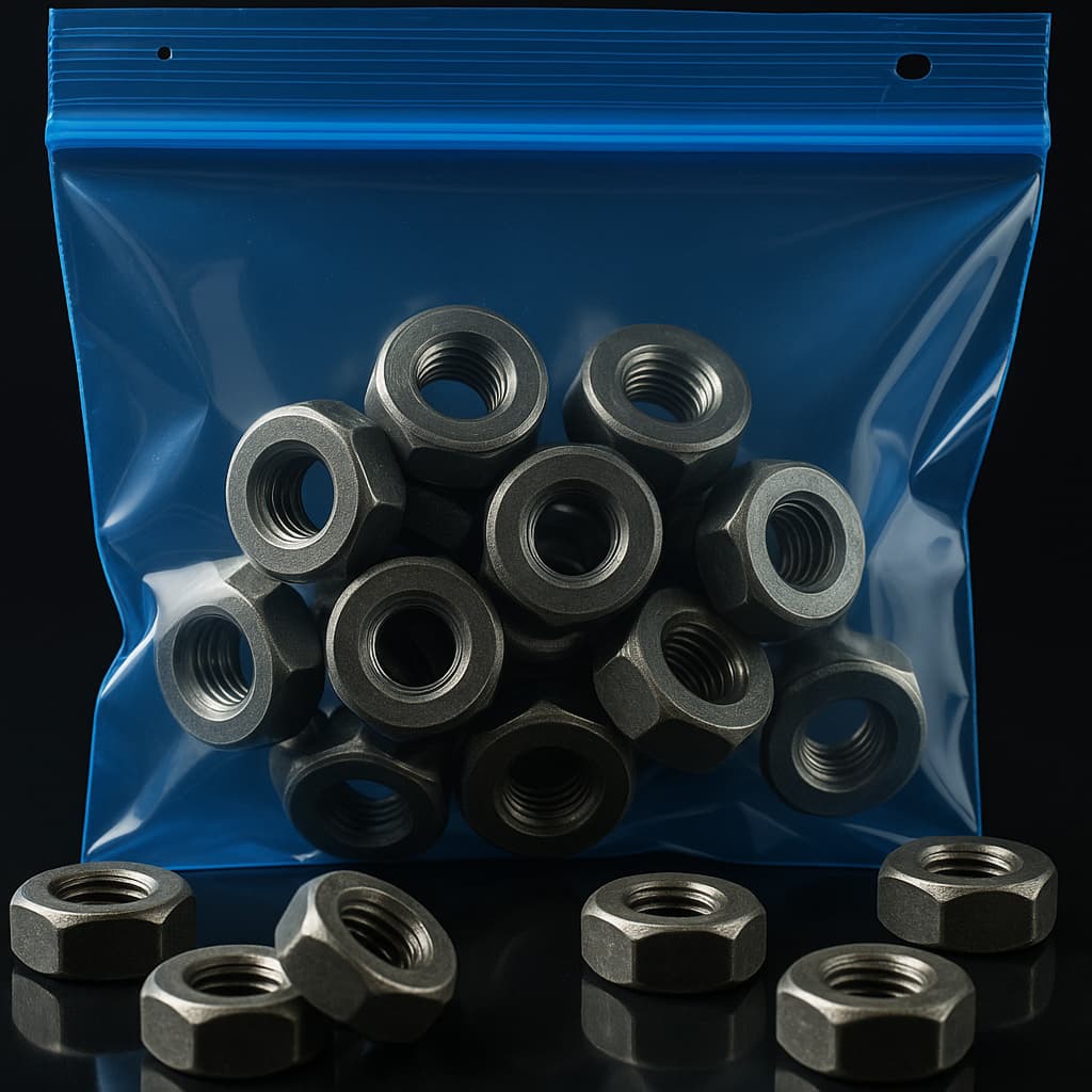 Bolsa plastica azul de VCI mientras almacena rondanas y tuercas con un fondo negro