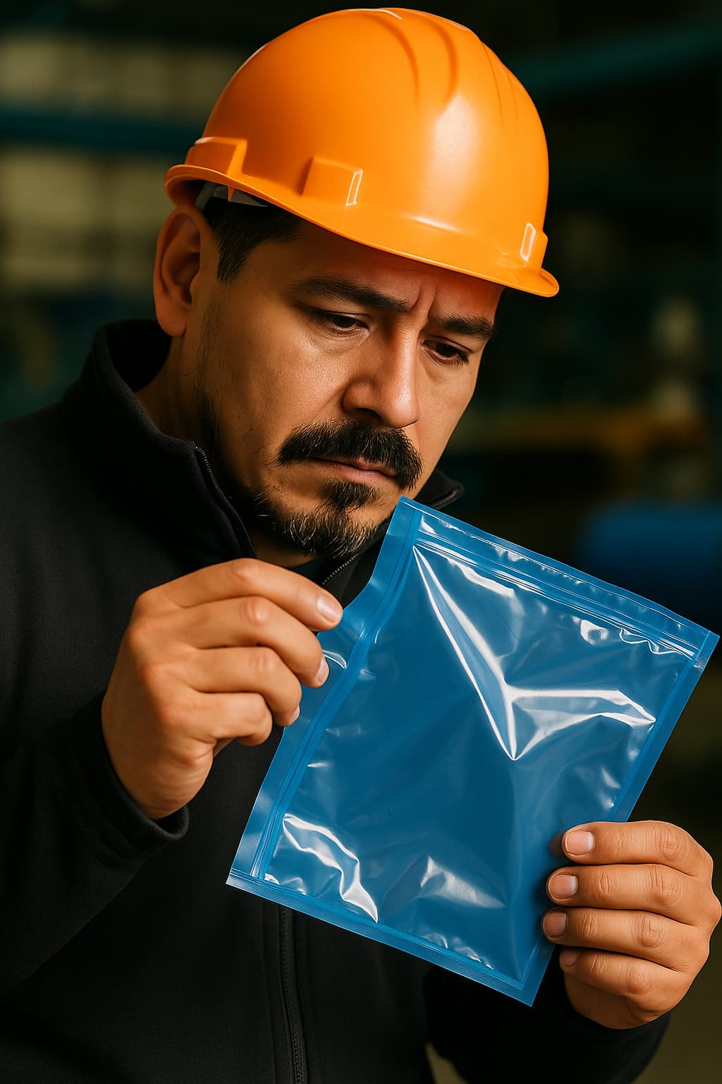 Tuercas y un engrane de metal a punto de ser embolsado en una bolsa VCI azul de PREMCO