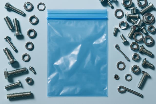 Bolsa plastica semi-abierta mientras tiene tornillos, tuercas y metales alrededor en un fondo azul