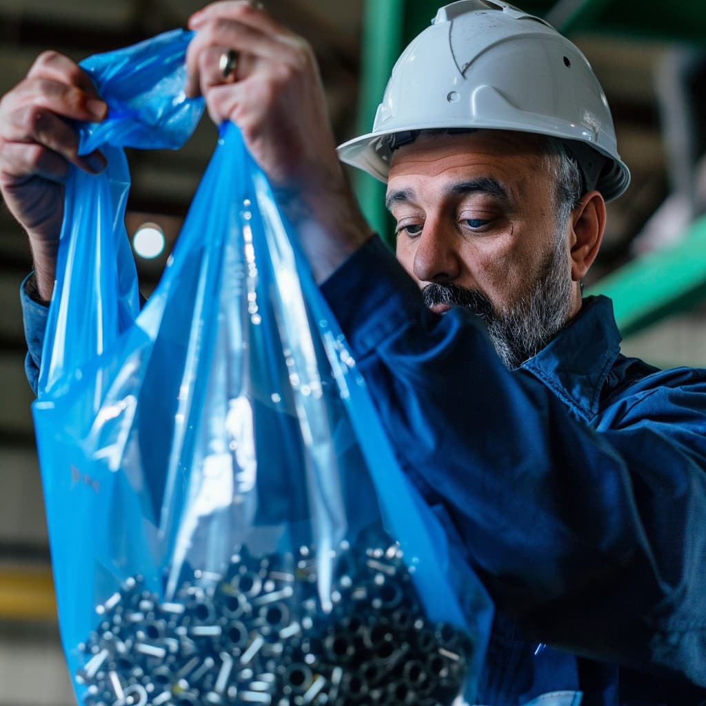 Trabajador analizando la bolsa VCI Anticorrosiva de Polietileno que transporta metales en una industria