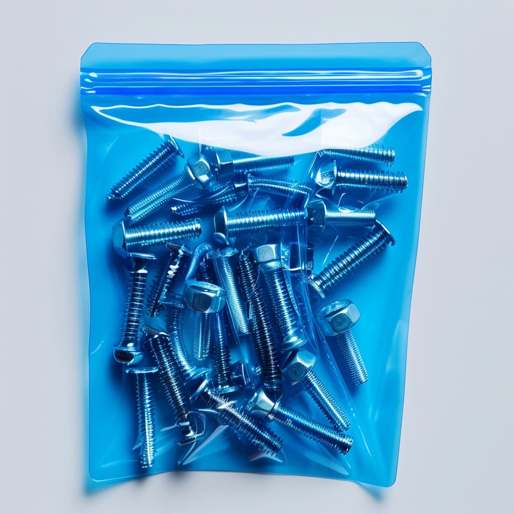 Tornillos almacenados en una bolsa plastica azul VCI de PREMCO