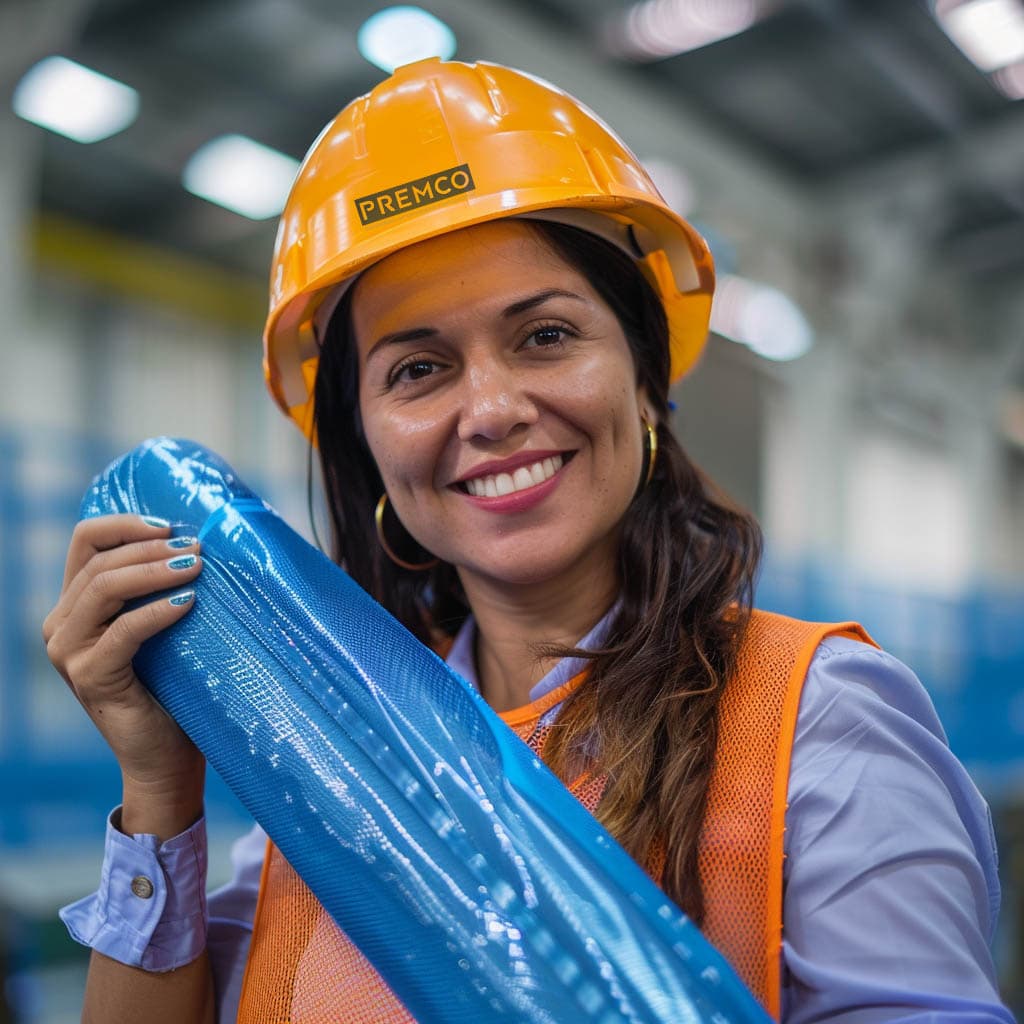 Trabajadora de PREMCO sosteniendo un rollo de bolsas plasticas VCI azules en una fábrica